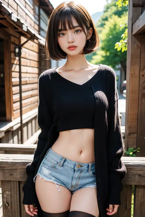 （Striptease）、１８age、Married Woman、Japanese、（Large cardigan)、(Lower body naked)、((Thin pubic hair))、Tucked up、Nipples are erect、Small breasts、Small breasts、Short Bob Hair　、Sticking out ears、Facing forward、Beautiful thighs、Lace shorts、Black Stockings