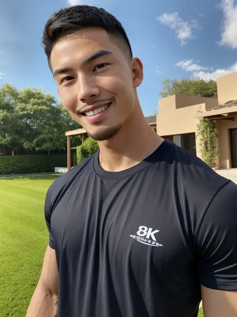 Tony Labrusca, (As a matter of fact, Masterpiece, 8k HD, good light quality, sportswear, fit the face, complicated details), A handsome, muscular young Korean man. , 20 years old, be happy, smile brightly, detailed face, delicate eyes, มองดูsky, Wear a nav...