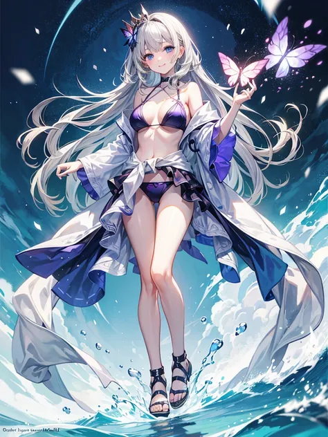 （（（masterpiece、Highest image quality、highest quality、highly detailed unity 8ｋwallpaper）））、

32k, 1girl, solo, 

Girl, heavy bangs, long hair to the waist, silver hair, gradation of red-purple tips, ice blue eyes, butterfly princess, snow-white skin, swimsu...