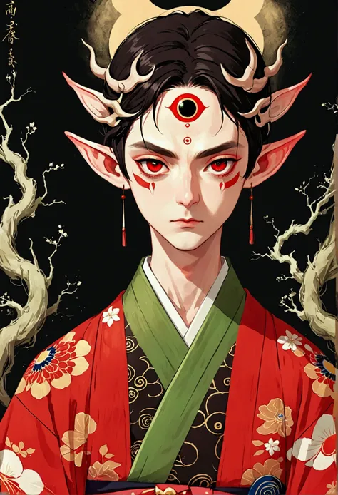 Art Illustration，Dark Style，(((1 Boy，独奏，third eye on the forehead，Elf ears))),(((Gorgeous Japanese red kimono：1.6，Eye Diagram，Dark Pattern))).(((Thin waist，Greenbelt：1.37)))whole body