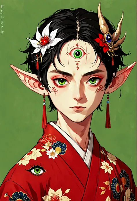 Art Illustration，Dark Style，(((1 Boy，独奏，third eye on the forehead，Elf ears))),(((Gorgeous Japanese red kimono：1.6，Eye Diagram，Dark Pattern))).(((Thin waist，Greenbelt：1.37)))whole body