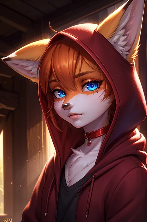 a fox-like boy, red choker, 4k, hoodie, extremely detailed face, beautiful detailed eyes, beautiful detailed lips, long lashes, detailed facial features, highly detailed, photorealistic, cinematic lighting, dramatic shadows, vibrant colors, fantasy, digita...