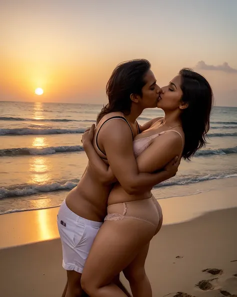 A beautiful gorgeous plump Indian 45-year-old woman wearing bra panty huge breasts, cleavage, big ass, hot body curves, hugging and kissing a 21 years old handsome in beach, passionate sexy pose, man wearing pant, beautiful sunset view