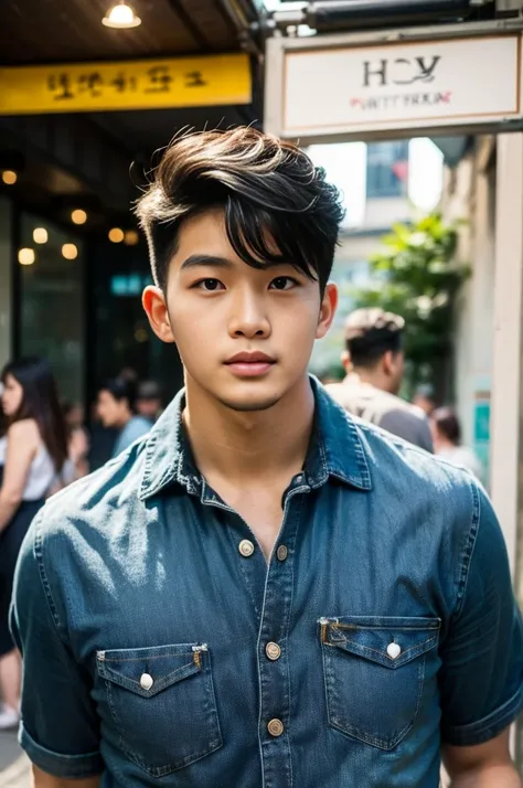 ((realistic daylight)) , Young Korean man in a black t-shirt with no pattern, a denim shirt, and jeans., A handsome, muscular young Asian man looks at the camera.  , in a Thai restaurant ,turn sideways