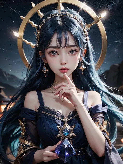 Ultra HD、A beautiful blue-haired character、Upper Body、幼児のようなBig eyes、Big eyes、Round eyes、Fortune teller with crystal、Holding the crystal in both hands、Red burning cheeks、Night scene with starry sky background、Wearing a gorgeous dress、Subtle details、A fanta...