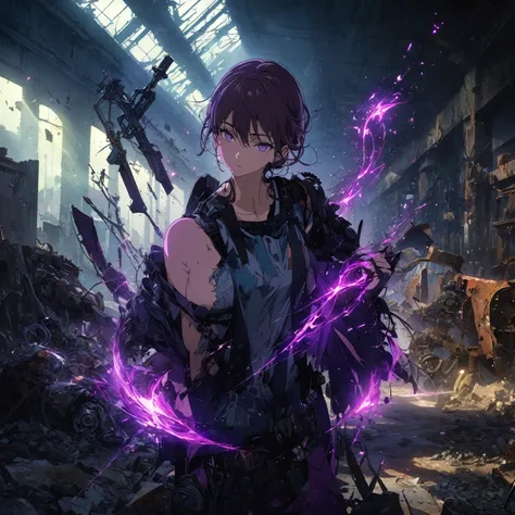 a lady Wearing a very unique casual styled outfit, purple shadows hollow surrounding her, her expression is mostly blank and neutral, with eyes slightly open and a straight mouth, weapons that are made out of purple shadow swirling in the air, more weapons...