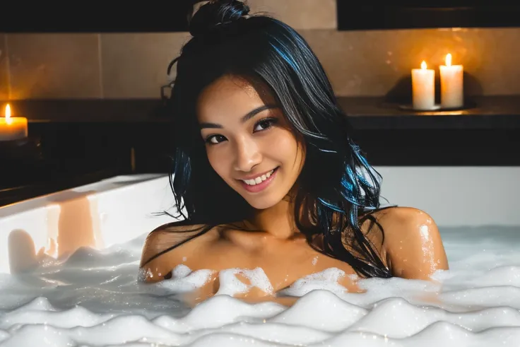 arafed naked woman with long black hair with deep blue highlights in a bath tub, flowing black hair, with black hair, photo of a...