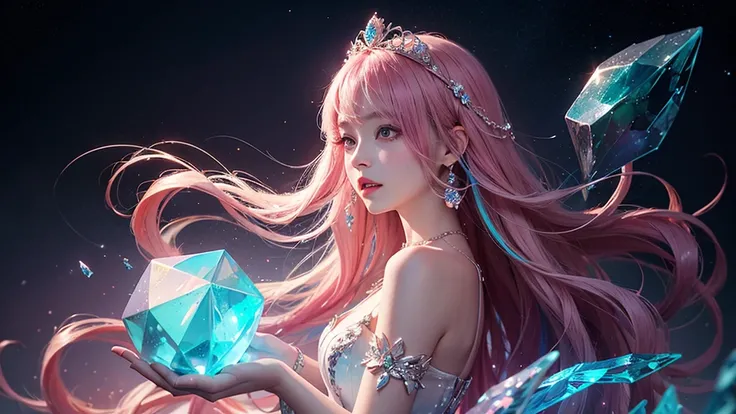 Highest quality，masterpiece，16K，One girl, bangs, Exposing shoulders, chest, Crown, crystallization, dress, From the side, gem,Colorful crystallizations,Crystal Headwear,There are many crystallizations on the clothes,Colorful Gradient Hair,カラフルなdress,Colorf...