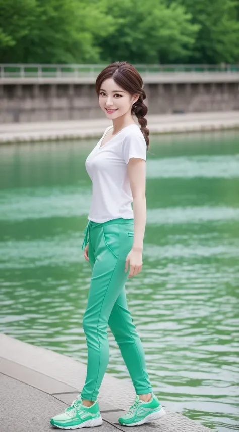 Realistic photos of (1 cute Korean star) blue french braid, thin makeup, slightly smile, 32 inch breasts size, green v-neck t-shirt, pants, walking in the firld, upper body portrait, UHD, green shoes, background river