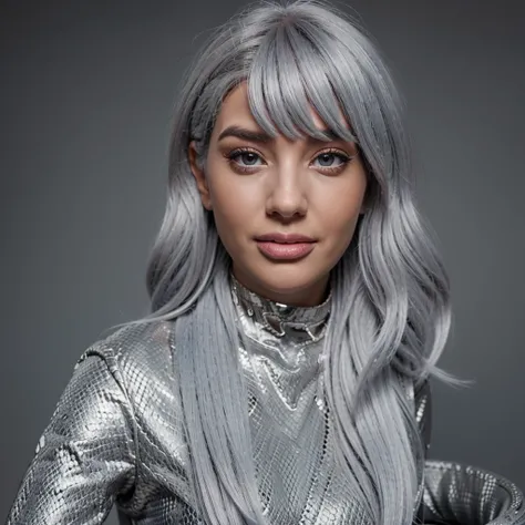 A woman with silver hair with a gray snake wrapped around her and her tongue sticking out