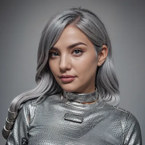 A woman with silver hair with a gray snake wrapped around her and her tongue sticking out