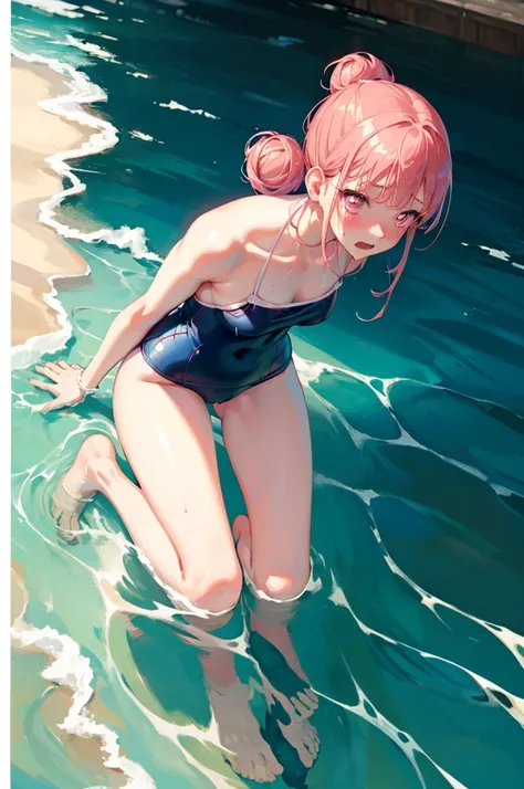 random swimsuit,swimsuits in random colors,blushing、pink hair、pale pink eyes、under-ear bun hairstyle、head to toe full body、blush...