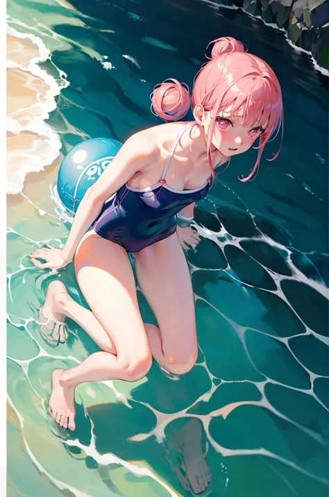 random swimsuit,swimsuits in random colors,blushing、pink hair、pale pink eyes、under-ear bun hairstyle、head to toe full body、blush...