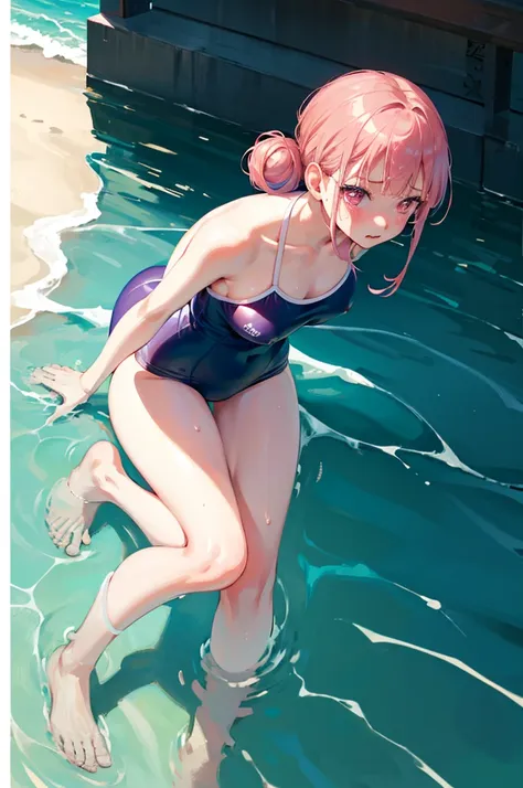 random swimsuit,swimsuits in random colors,blushing、pink hair、pale pink eyes、under-ear bun hairstyle、head to toe full body、blush...