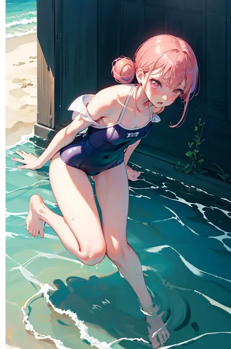 random swimsuit,swimsuits in random colors,blushing、pink hair、pale pink eyes、under-ear bun hairstyle、head to toe full body、blush...