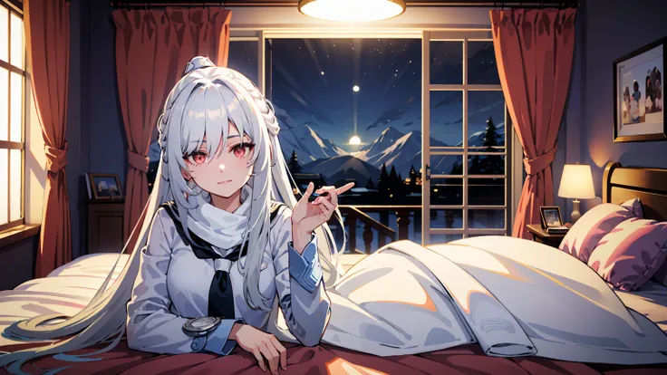 masterpiece, best quality, JingliuV5, white hair, long hair, red eyes, white dress, white sailor collar, white scarf, sitting on bed, indoors, bedroom, windows, blue sky, winter, snow, warm smile, upper body. closed mouth,