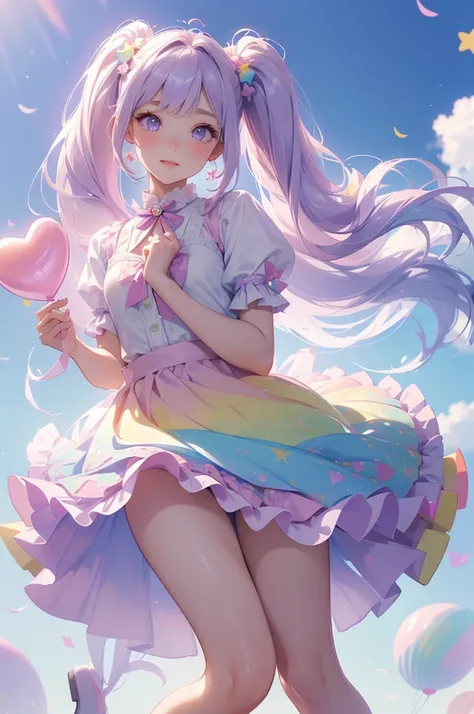 (whole body, legs and shoes visible: 1.2)) Expressive eyes, One girl, Pale skin, Long Hair, Windblown Hair, ((absurdly Long Hair)), Long Side Lock, Princess bangs, Hair bangs, Hair Bun, ((Very long twin tails)), Rainbow Hair, Light pink hair, blush, full f...