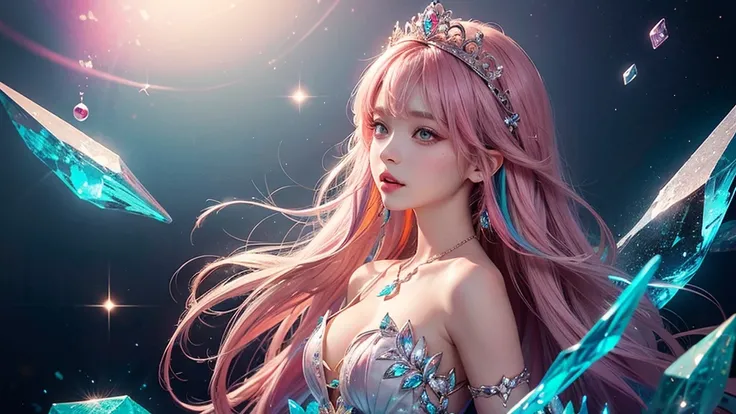 Highest quality，masterpiece，16K，One girl, bangs, Exposing shoulders, chest, Crown, crystallization, dress, From the side, gem,Colorful crystallizations,Crystal Headwear,There are many crystallizations on the clothes,Colorful Gradient Hair,カラフルなdress,Colorf...