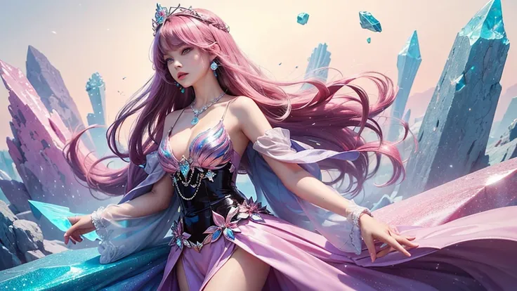 Highest quality，masterpiece，16K，One girl, bangs, Exposing shoulders, chest, Crown, crystallization, dress, From the side, gem,Colorful crystallizations,Crystal Headwear,There are many crystallizations on the clothes,Colorful Gradient Hair,カラフルなdress,Colorf...