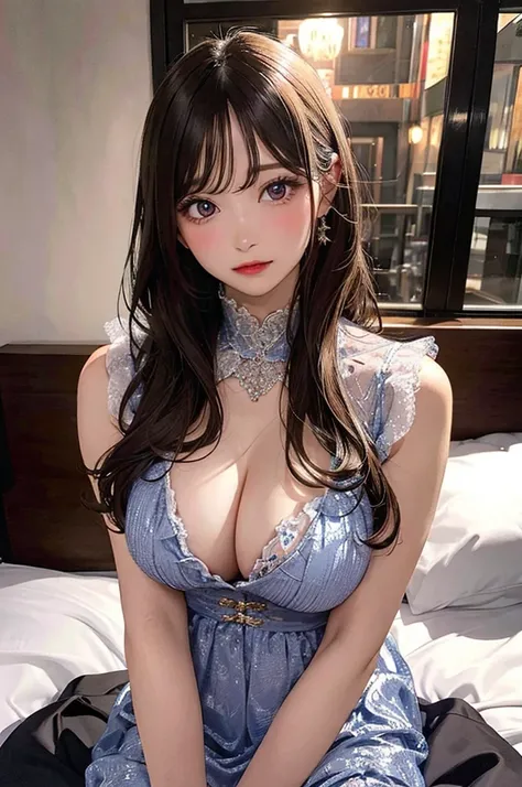 ((gyaru)), masterpiece, (((wearing night  dress)), ((large breasts)), ((large hip)), (shiny skin), ((skindentation)), photorealistic, realistic, solo, photorealistic, best quality, ultra high res, YuraS, bed, parted lips, beautiful, masterpiece, best quali...