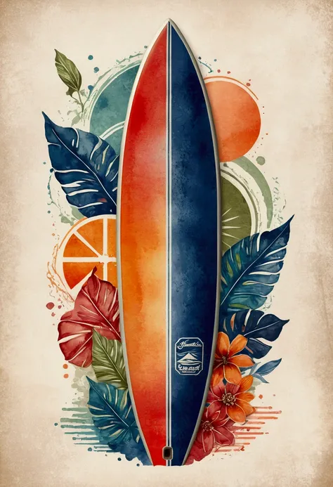 Create a vintage travel poster of an old surfboard, in soft tones, with no background, using nostalgic illustration techniques. A retro design in an old typography and worn textures." The-shirt vector, 2D art, vector; Shading and gradients, Art Nouveau, vi...