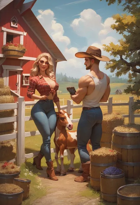 score_9, score_8, score_7_up, 1girl, 2boy, magnificent body, A luscious milkmaid has fun with her boyfriend on a farm