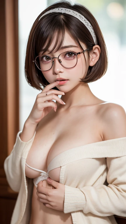 Tabletop, Highest quality, One Girl, (beautiful girl, Delicate girl:1.3), (23 years old:1.3), Definition of very fine particles, (Symmetrical eyes:1.3), bar counter, ( Off the shoulder、White camisole、Loose cardigan:1.2), Small breasts, Cleavage、Brown eyes,...