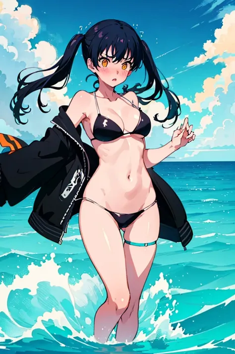 ランダムなSwimwear,,Blushing、Black Hair、ツインテール、Pale orange eyes、Head to toe full body、Blushing、Embarrassed look、Composition from the front、A view from slightly below、school swimwear、Acme Face、Random pose、, 、nsfw、Highest quality、1 girl、solo、Ocean、Sandy Beach、Sex...