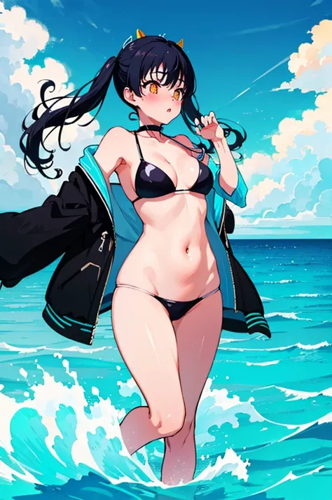 ランダムなSwimwear,,Blushing、Black Hair、ツインテール、Pale orange eyes、Head to toe full body、Blushing、Embarrassed look、Composition from the front、A view from slightly below、school swimwear、Acme Face、Random pose、, 、nsfw、Highest quality、1 girl、solo、Ocean、Sandy Beach、Sex...