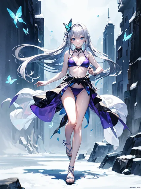 （（（masterpiece、Highest image quality、highest quality、highly detailed unity 8ｋwallpaper）））、

32k, 1girl, solo, 

Girl, heavy bangs, long hair to the waist, silver hair, gradation of red-purple tips, ice blue eyes, butterfly princess, snow-white skin, swimsu...