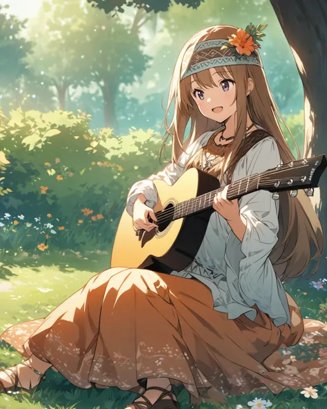 Create a detailed anime illustration of a girl with long, straight hair and a bohemian outfit, including a headband, a flowy blouse, and wide-legged pants. She is sitting on the grass in a park, playing a guitar, with a serene and happy expression. Use a s...