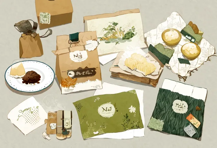 A set of tea sets for casual relaxation with illustrations,calligraphic fonts with green tones,coffee bags,paper bags,prints and accessories,with the theme of the harvest world,clean light gray background,(niji:2),hand-drawn,illustration style