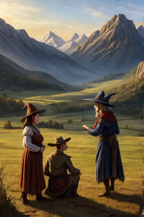 Witch talking to a peasant adult woman and a peasant adult man in a rural field with mountains 