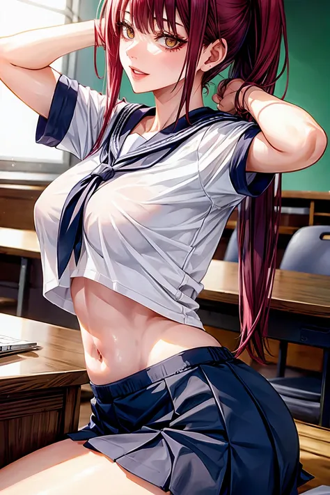 makima (chainsaw man), woman, sexy woman, mature female, mommy, sharp eyes, detailed lips, big breast, short sleeves sailor unif...