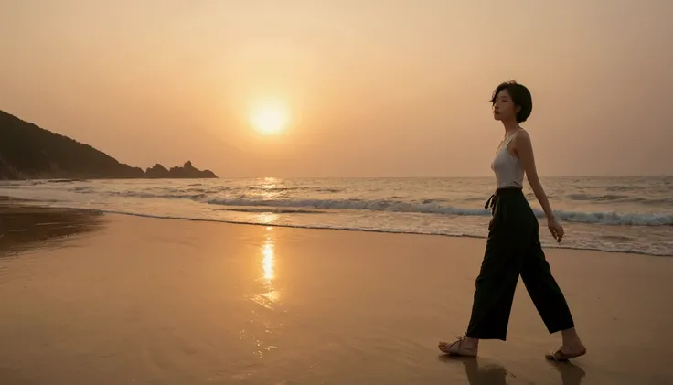 8k, Vivid picture quality, Vivid picture quality, long deserted beach, Full body shot from a distance with a wide angle lens, Short hair, beautiful appearance, Model-like body, Short and slim Korean woman, sunset의 붉은 빛, sunset, alone, afternoon, depressed,...