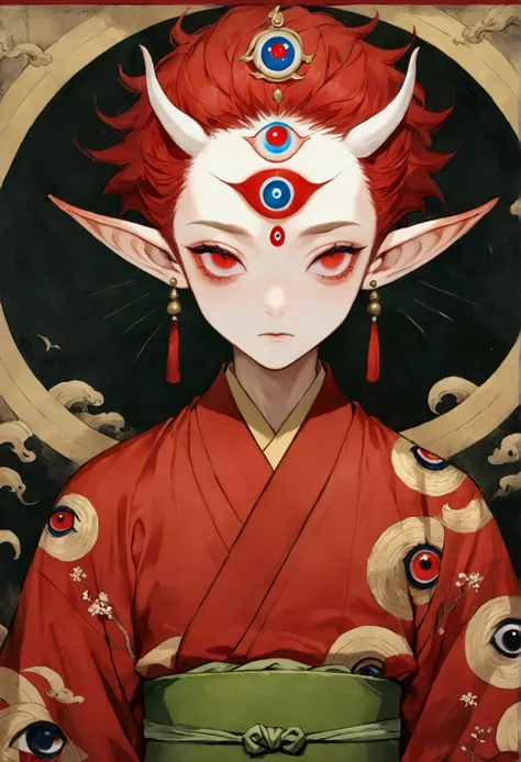 Art Illustration，Dark Style，(((1 Boy，独奏，third eye on the forehead，Elf ears))),(((Gorgeous Japanese red kimono：1.6，Eye Diagram，Dark Pattern))).(((Thin waist，Greenbelt：1.37)))whole body