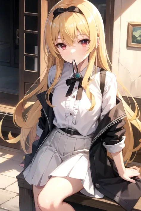 Mature Men, expensive male, expensive, Long legs, Adult,
 Arifureta_Yue, One girl, Long Hair, alone, Blonde, Red eyes, View your viewers, hair bow, bow, black bow, hair band, shirt, Hair between the eyes, Anime Coloring, bangs, white shirt, ribbon, Mouth c...