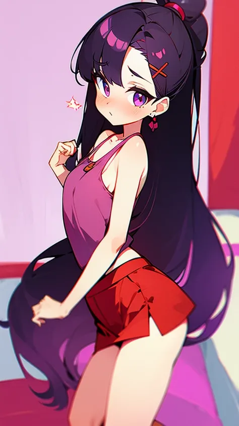 high tail hairstyle, Ponytail hairstyle, Long wavy black hair, standing posing, anime girl style, pixel art anime style,penetrating look with deep eyes,red and purple eyes, hair with a ponytail hairstyle trapped with a big red bun, Women, red hair clips, x...