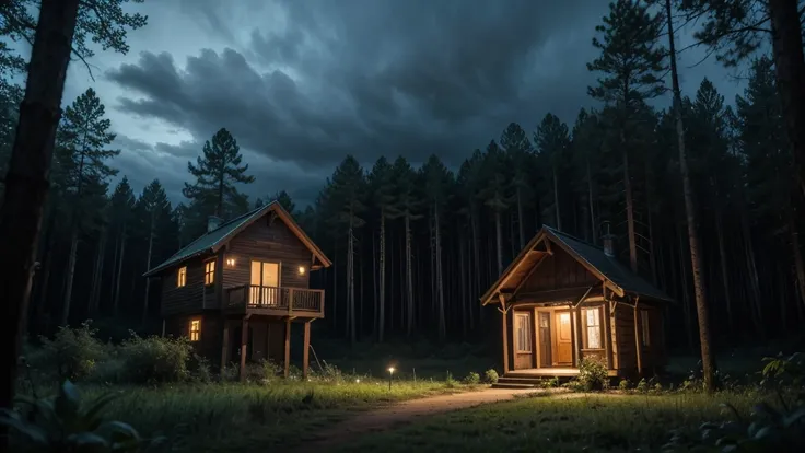 NIGHT FOREST WITH A HOUSE IN THE MIDDLE WITH TERROR WEATHER BUT DON&#39;T MAKE IT DARK