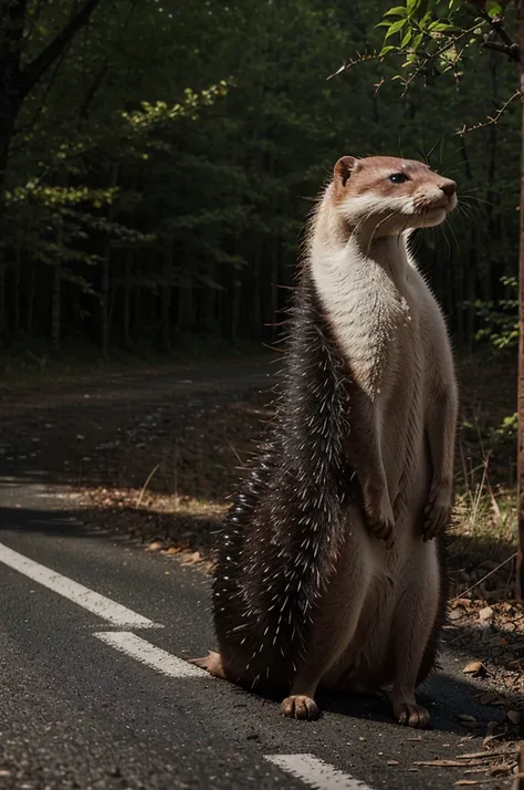 2 people saw a weasel carcass with many black thorns in the middle of a road surrounded by forest, real style, hd realistic 