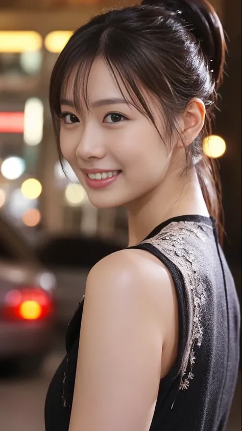 1 girl, (Wearing a black blouse:1.2), Beautiful Japanese actresses, (ponytail:1.3),
(RAW Photos, Highest quality), (Realistic, Photorealistic:1.4), masterpiece, 
Very delicate and beautiful, Very detailed, 2k wallpaper, wonderful, 
finely, Very detailed CG...