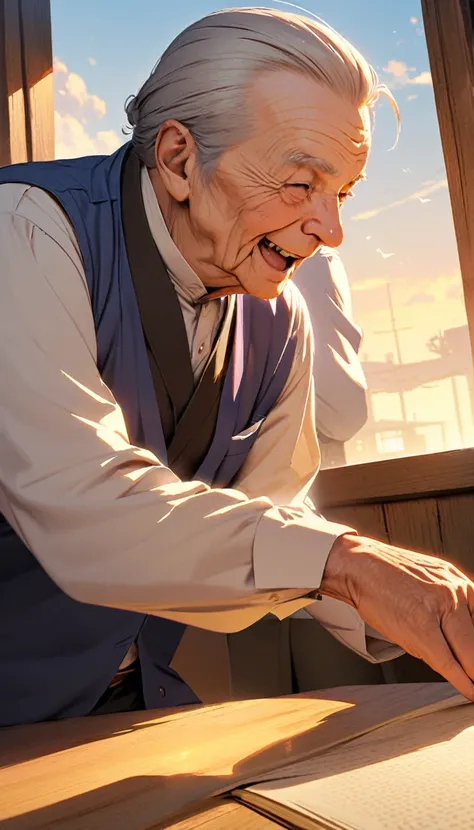 ((Highest quality)),An old man and a beautiful woman are having a friendly conversation