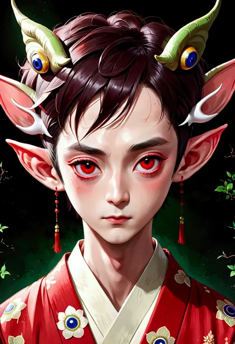 Art Illustration，Dark Style，(((1 Boy，独奏，third eye on the forehead，Elf ears))),(((Gorgeous Japanese red kimono：1.6，Eye Diagram，Dark Pattern))).(((Thin waist，Greenbelt：1.37)))whole body