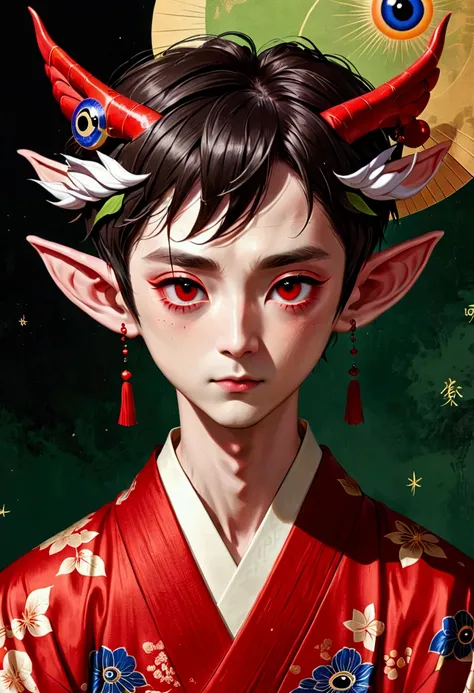 Art Illustration，Dark Style，(((1 Boy，独奏，third eye on the forehead，Elf ears))),(((Gorgeous Japanese red kimono：1.6，Eye Diagram，Dark Pattern))).(((Thin waist，Greenbelt：1.37)))whole body