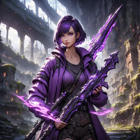 a woman in a purple jacket holding a purple and purple weapon, stylized urban fantasy artwork, unreal 5. rpg portrait, digital art #oneshotgame, cyberpunk anime girl in hoodie, cyberpunk digital art, cyberpunk judy alvarez, hyper-realistic cyberpunk style,...