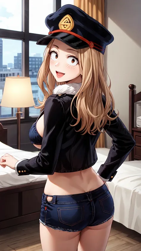 Masterpiece ,best quality , high resolution , (face view , look at view , head back , from back , from behind) , (1 girl solo:1.38) , (camie, long hair, brown hair, brown eyes, peaked cap , lipstick , eyeliner)) , (slim , tall , slender , thin) , (cleavage...