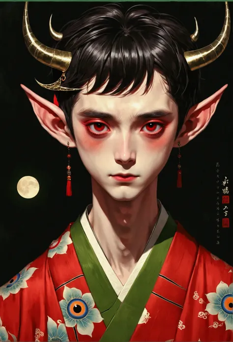 Art Illustration，Dark Style，(((1 Boy，独奏，third eye on the forehead，Elf ears))),(((Gorgeous Japanese red kimono：1.6，Eye Diagram，Dark Pattern))).(((Thin waist，Greenbelt：1.37)))whole body