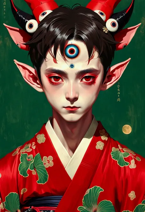 Art Illustration，Dark Style，(((1 Boy，独奏，third eye on the forehead，Elf ears))),(((Gorgeous Japanese red kimono：1.6，Eye Diagram，Dark Pattern))).(((Thin waist，Greenbelt：1.37)))whole body