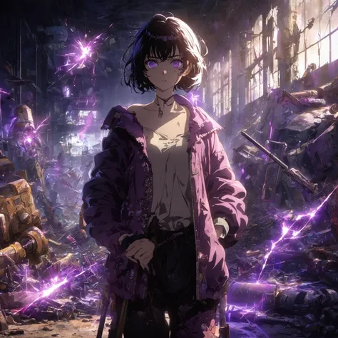 a lady Wearing a very unique casual styled outfit, purple shadows hollow surrounding her, her expression is mostly blank and neutral, with eyes slightly open and a straight mouth, weapons that are made out of purple shadow swirling in the air, more weapons...