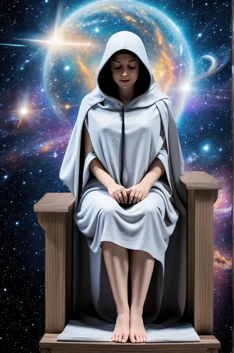 A woman wearing a white tunic, hood covering her eyes, reading a book, sitting on a throne on a platform in the universe, surrounded by stars and galaxies, cartoon style, cinematic, dark, 4k, mysterious